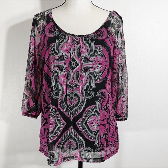 INC International Concepts Paisley Damask Cold Shoulder Embellished Top Size L - Picture 1 of 12